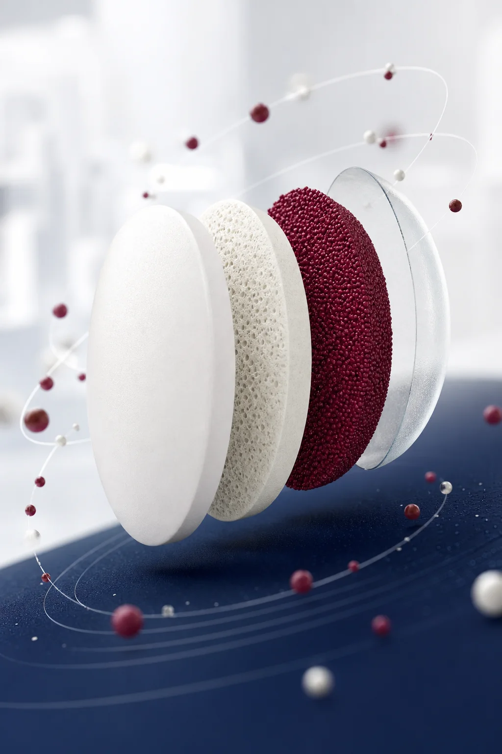 3D exploded view of an oral solid dosage with engineered layers and controlled-release microgranules